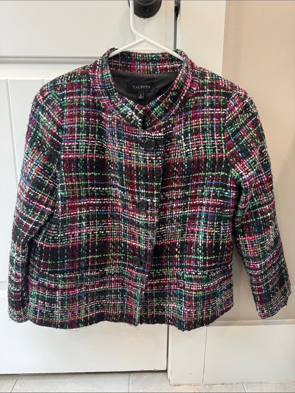 Talbots Multicolor Tweed Plaid Jacket - Black, Pink & Green